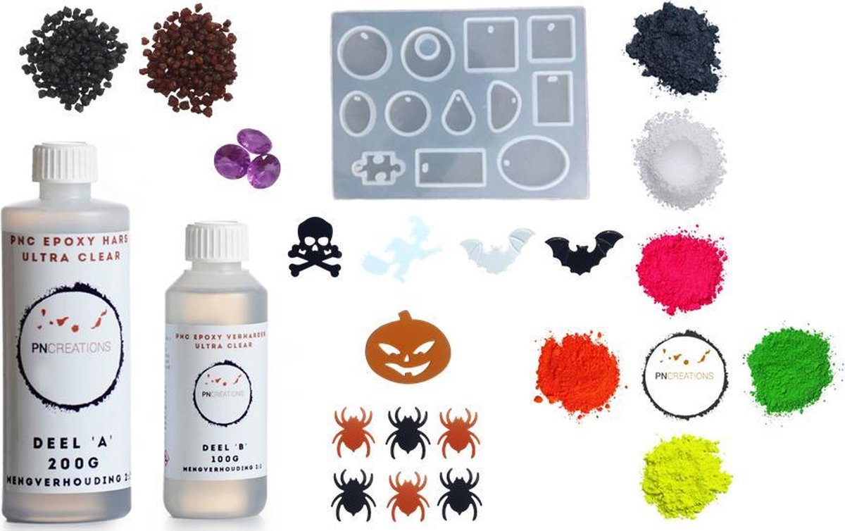 PNCreations Epoxy Hars Ultra Clear Halloween Set | Giethars + Verharder | 300 G | UV-Bestendig | Fluo Color Mix | 2 Extra Kleurpigmenten! | Halloween Opvulmateriaal | Siliconen Hangermal | Mini Diamonds